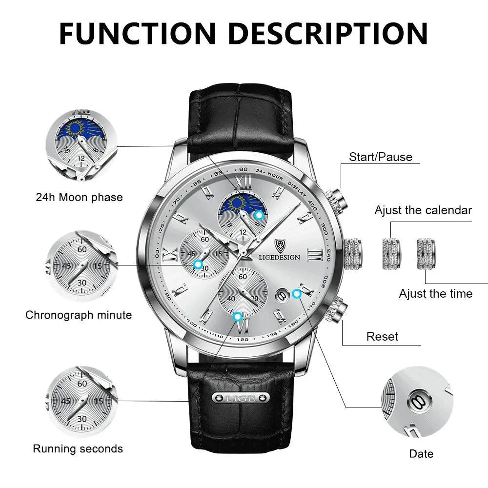 Lige Chronograph Leather Watch for Men Japanese Quartz