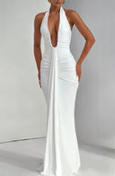 Mozision Deep V Neck Draped Maxi Dresses for Women Halter Backless Club Elegance