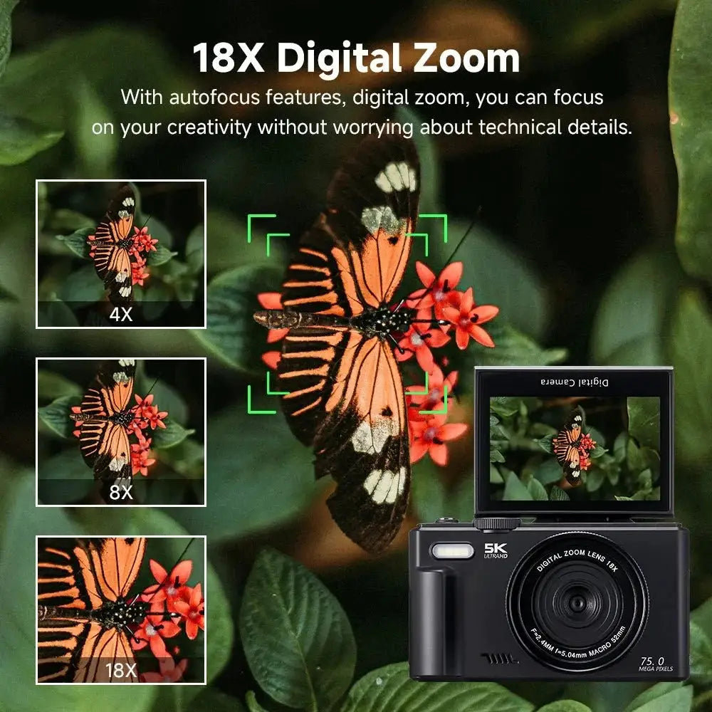 Amorus 5K Digital Camera 75MP 18X Zoom 180 Flip Screen WiFi For YouTube - stepyours.com