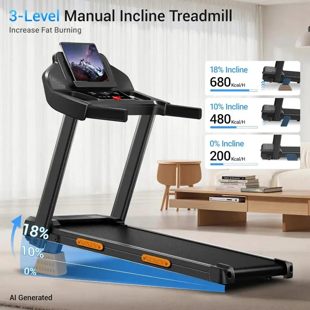 16% Incline Treadmills for Small Home with 3 LED, Foldable, 400LBS, 0.6-7.0MPH, Sleek Black