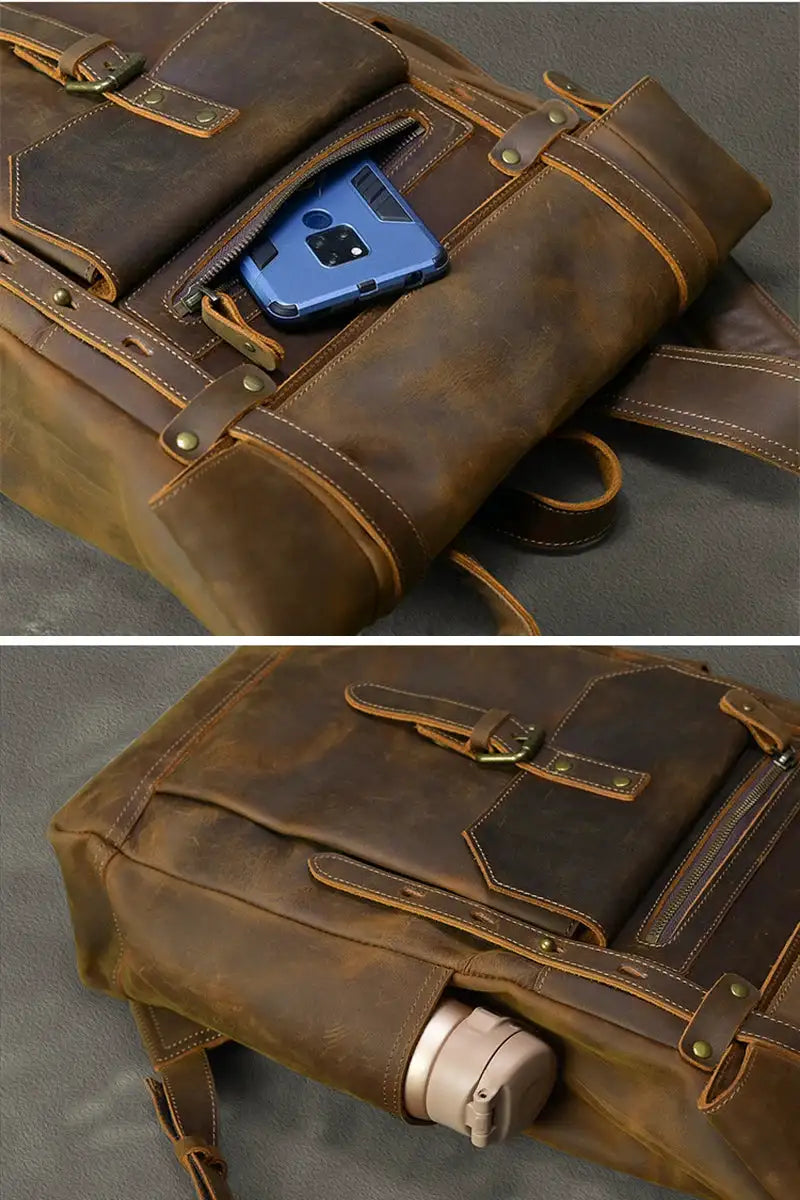 Retro Genuine Leather Men's Backpack Large Hiking Bagpack Bag Crazy Horse Leather Travel Backpack Male Rucksack 15.6“Laptop Bag