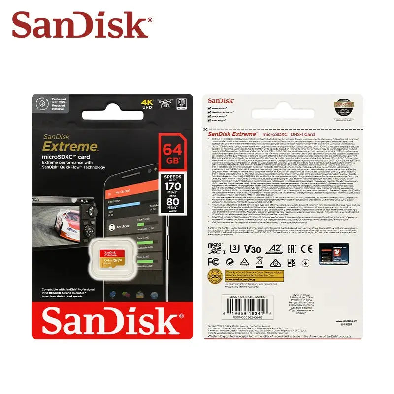 Sandisk Micro SD Card Extreme A2 A1 V30 SDXC Flash 32GB 64GB 128GB 256GB 512GB 1TB MicroSD Card 190MB/s TF Card for Phone Tablet