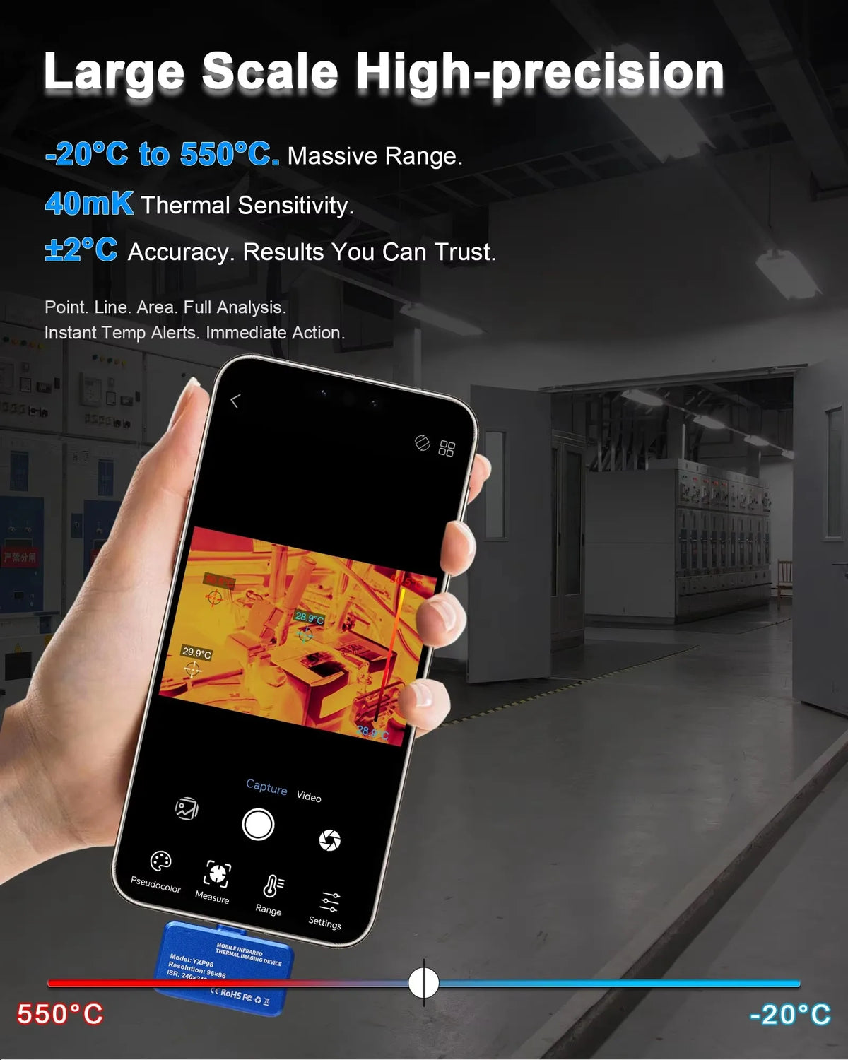 Thermal Camera for Phone 96x96 IR, 240x240 Super Res, -20~600°C, USB-C Android/iOS, 15 Palettes, 40mK, Manual Focus