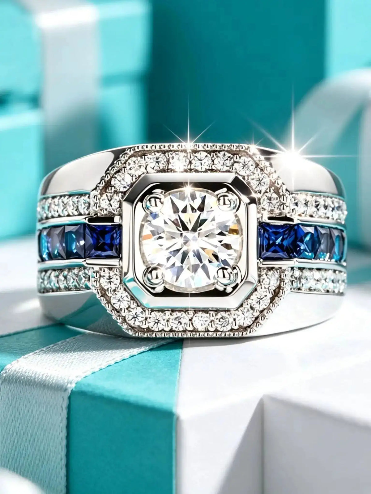 Square-profile statement ring described with a blue moissanite stone