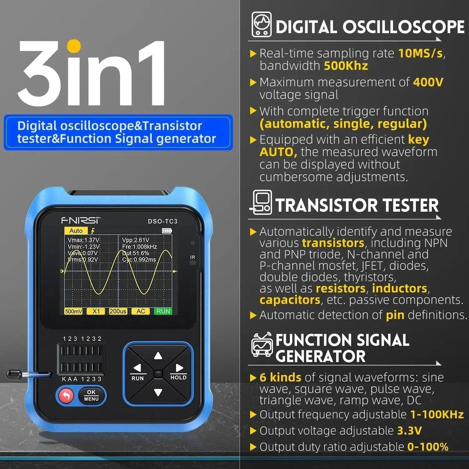 FNIRSI DSO-TC3 Transistor Tester Signal Generator Kit