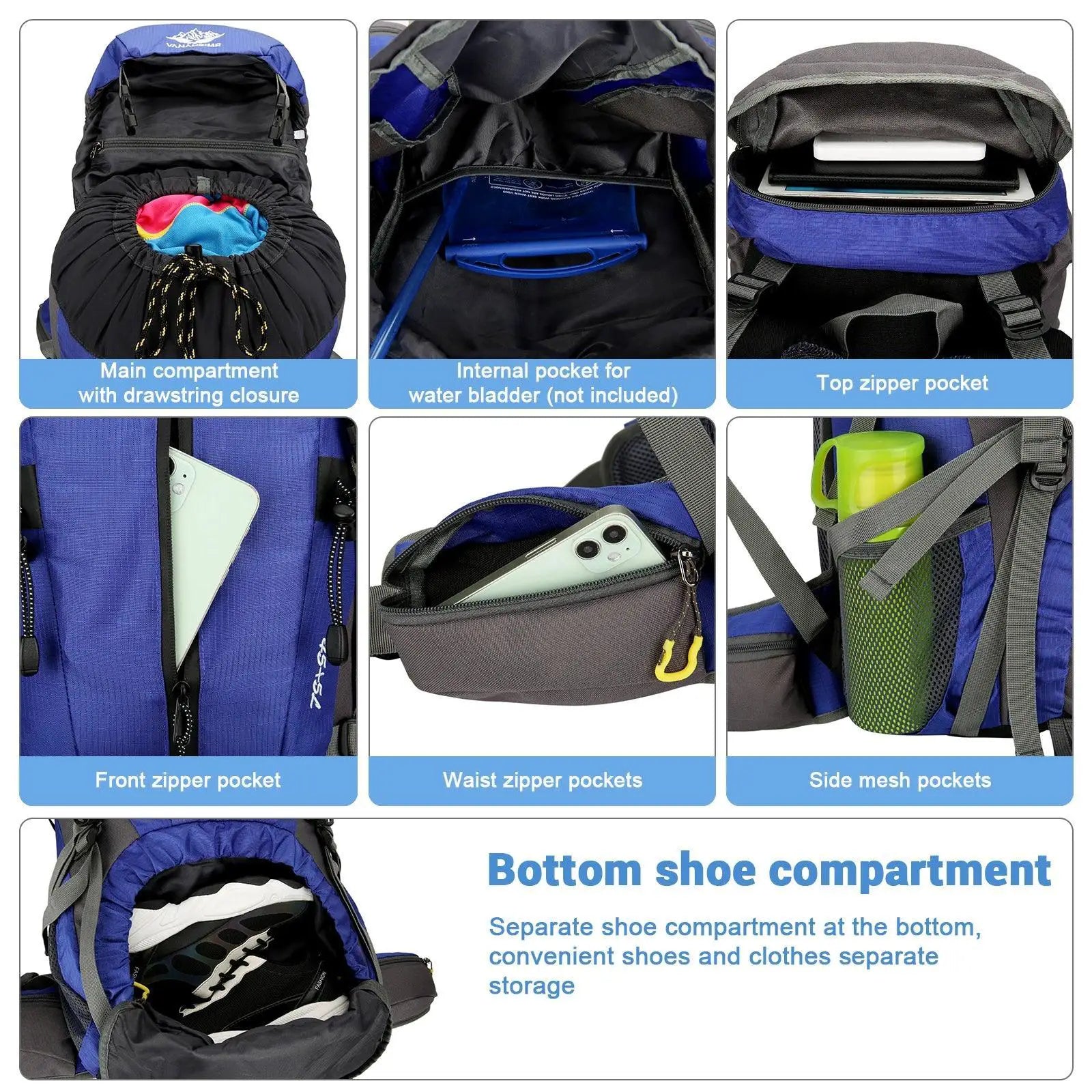 50L Hiking Backpack Waterproof Camp Pack Shoe Compartment