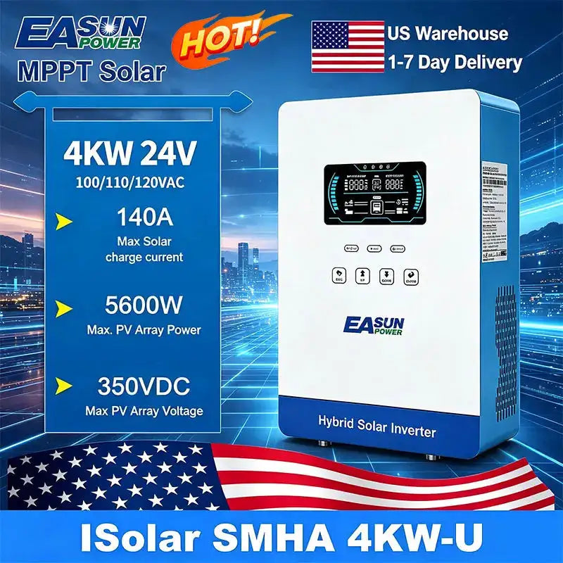 EASUN POWER Hybrid Solar Inverter 4KW MPPT 140A 350VDC PV Input 110VAC 24VDC 4000W Pure Sine Wave 6.25 Inch LCD Display Household for USA 1PC 2PCS 10PCS