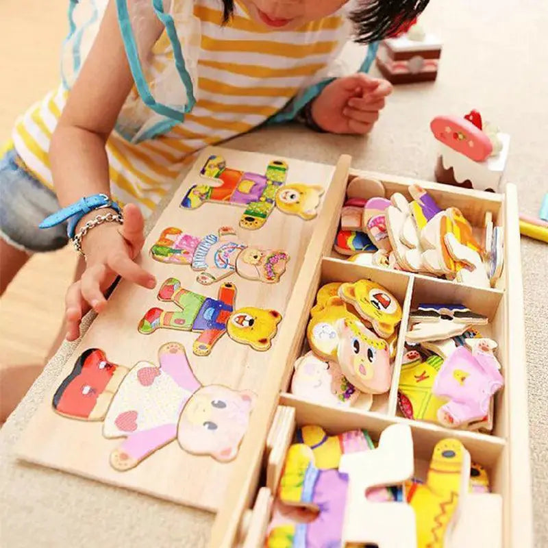 QWZ Little Bear Wooden Jigsaw Puzzle Dress Up Game Toy