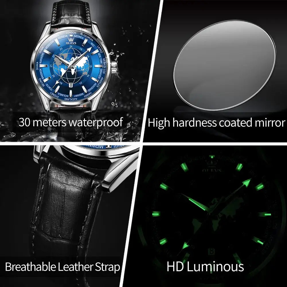 OLEVS 9926 Men's Watches Original Fashion Quartz Wristwatch Waterproof Luminous Globe Watch Dial Chronograph Date Reloj Hombre