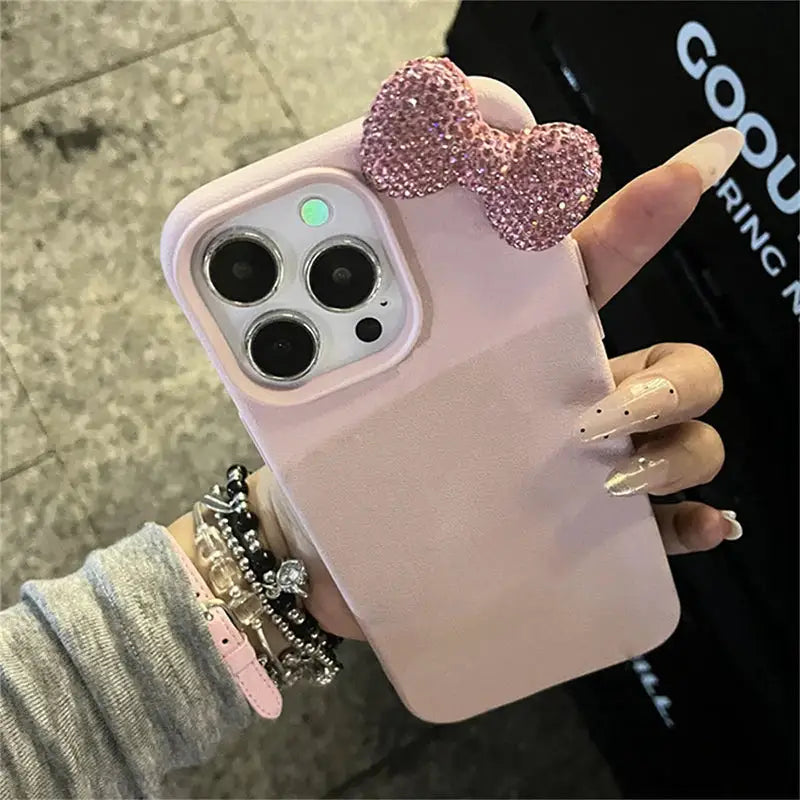 Luxury Rhinestone Bow Litchi Pattern Leather Shockproof Phone Case For iPhone 18 16 15 14 13 12 11 17 Pro Max X XS 7 Plus Case