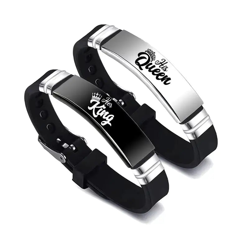 2Pcs/Set His Queen Her King Couple Minimalist Bracelet Stainless Steel Adjustable Silicone Strap Bangle Valentine's Day Gift