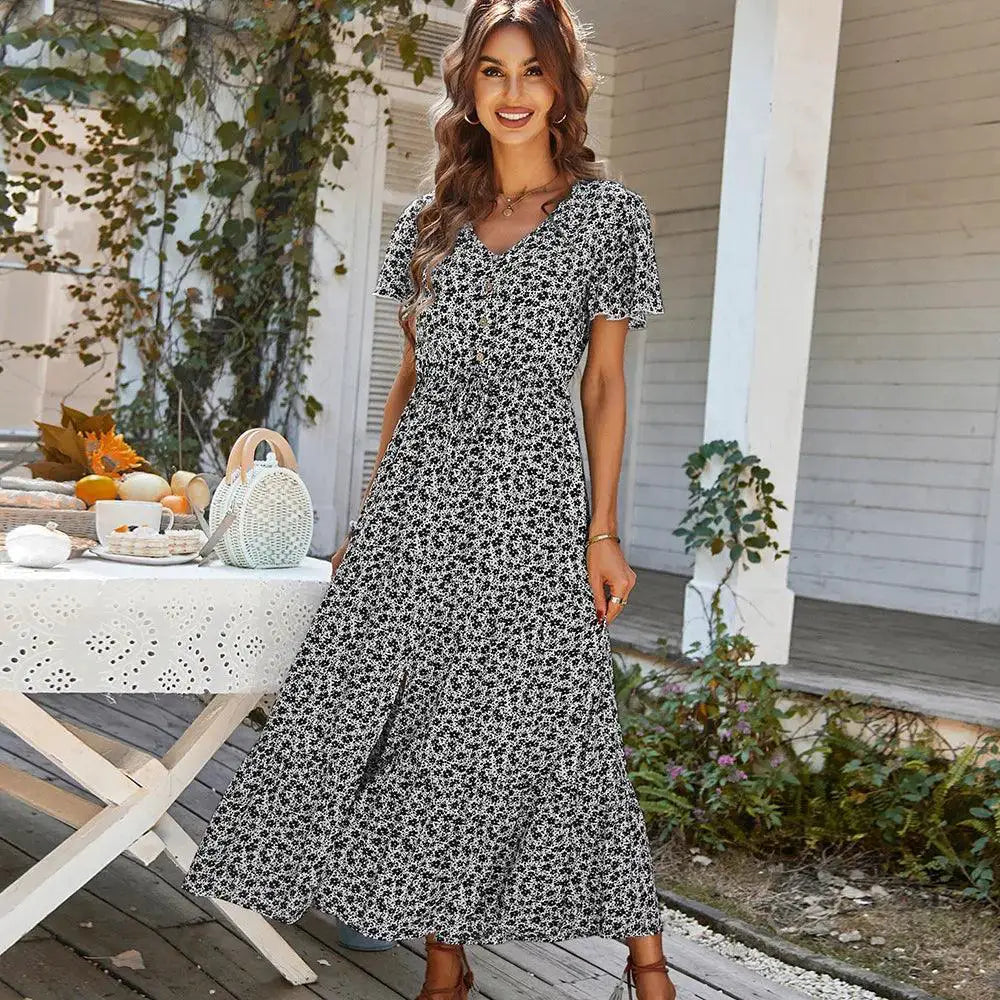 Vintage Floral Summer Dress With High Waist Slit Beachwear