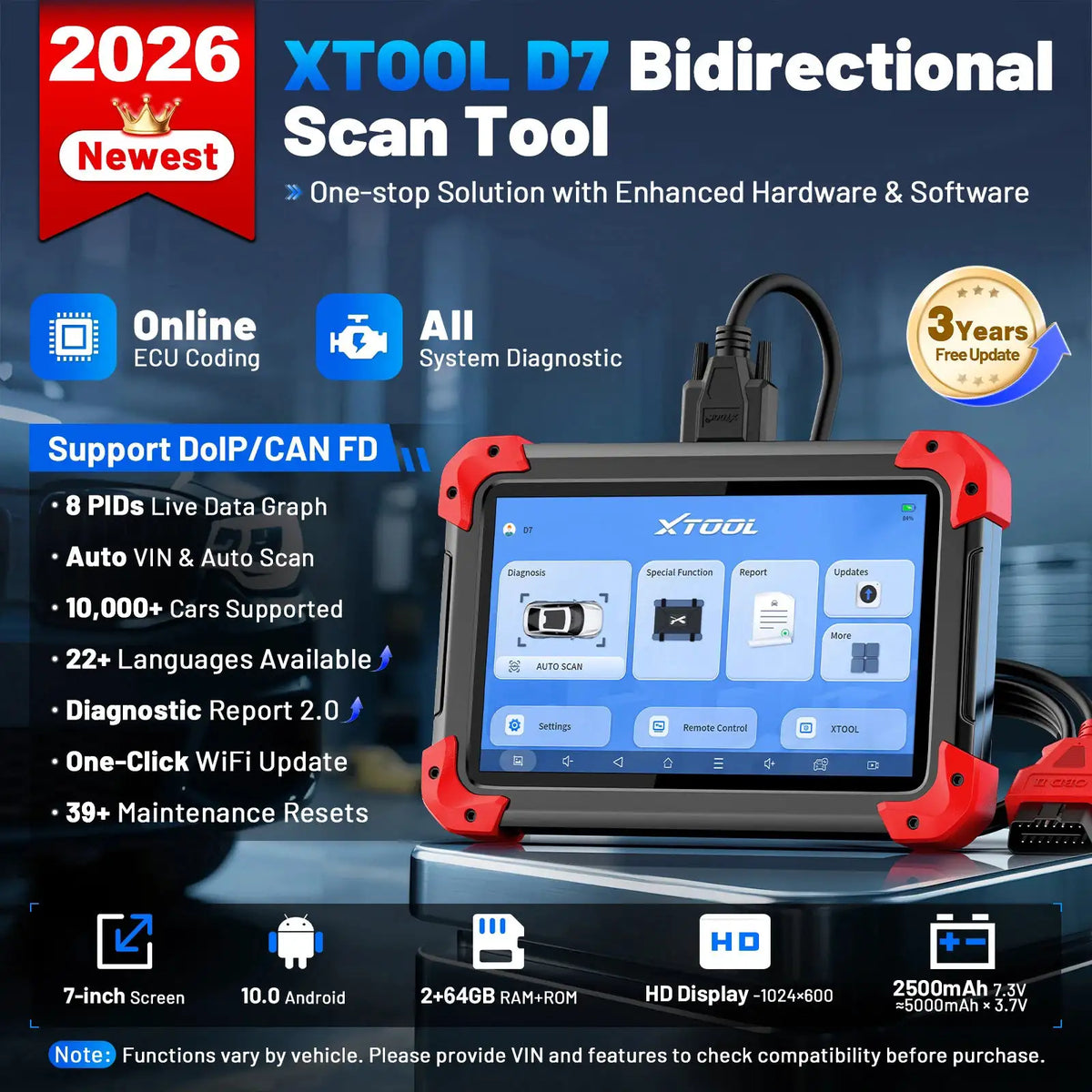 XTOOL D7 V2.0 OBD2 Automotive Scanner Key Programmer All System Car Diagnostic Tool ECU Coding with 39+ Resets CANFD DOIP FCA