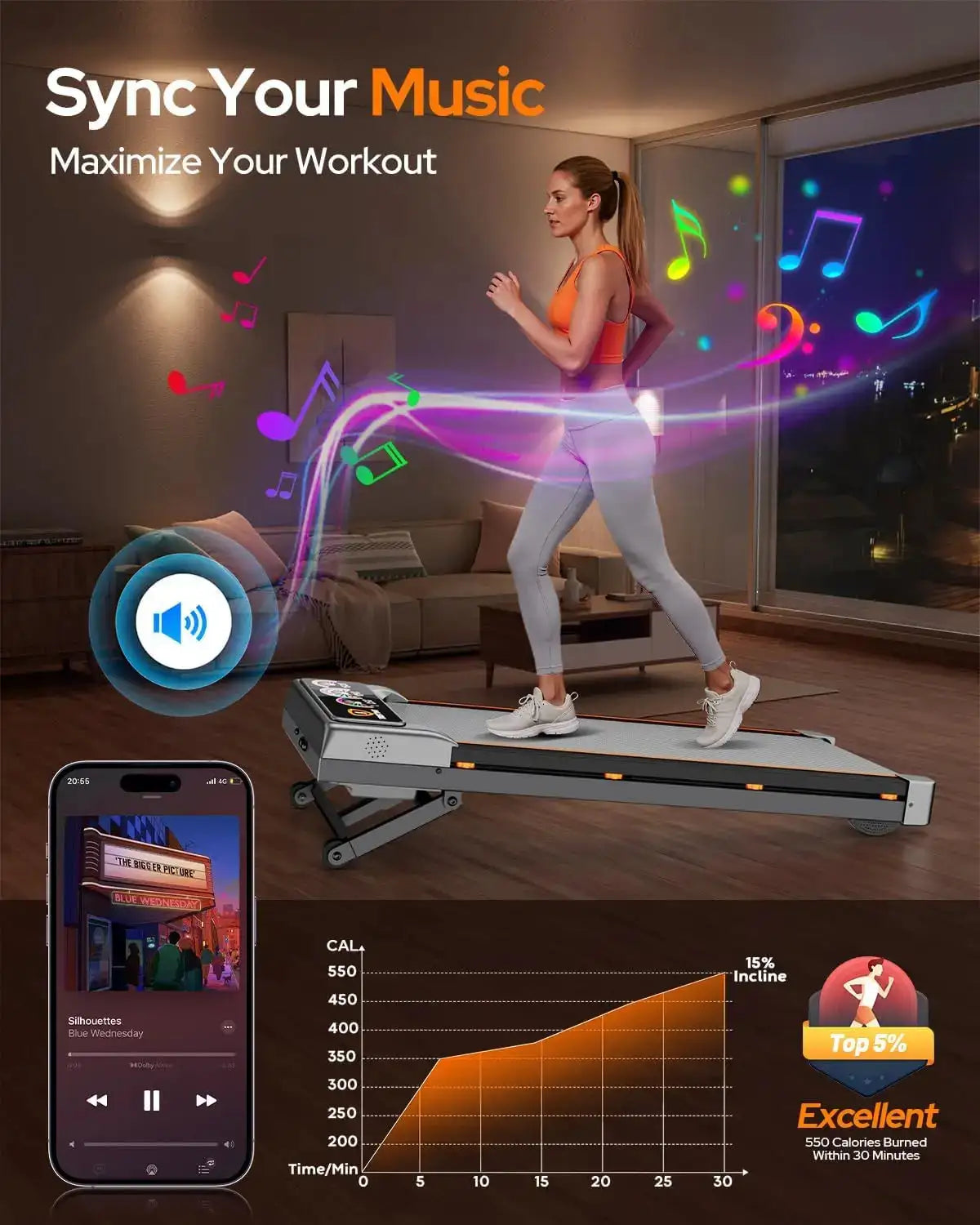 3.5HP Foldable Under-Desk Walking Pad Treadmill, 12-Level Adjustable Incline Up To 15%, UI Control Screen, Bluetooth Speaker, RGB Light, Max 450-LB Load, Remote Control