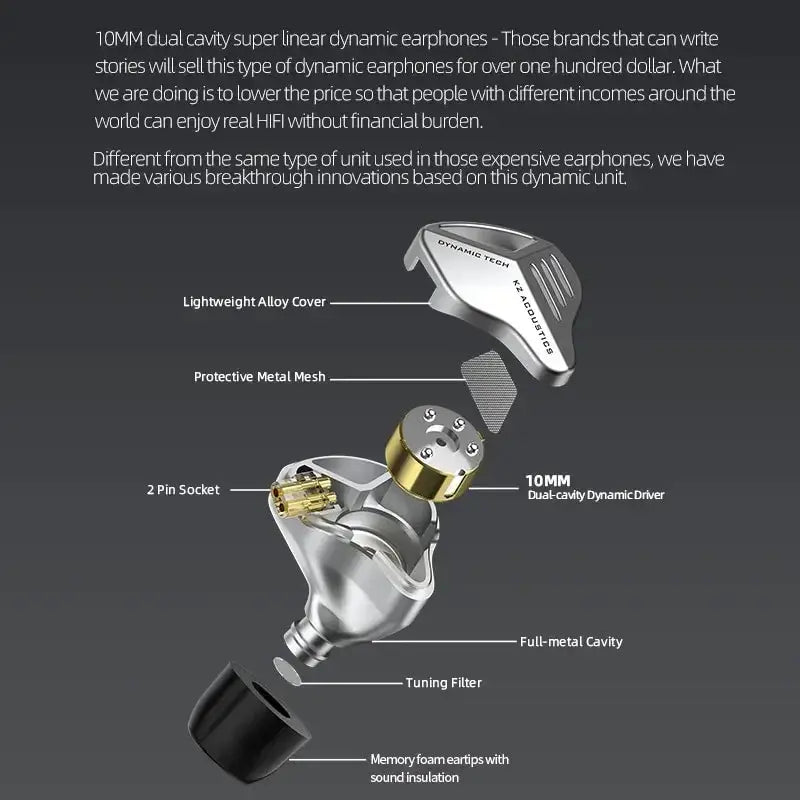 KZ ZVX Earphones Dynamic HiFi Bass In Ear Monitor Earbuds