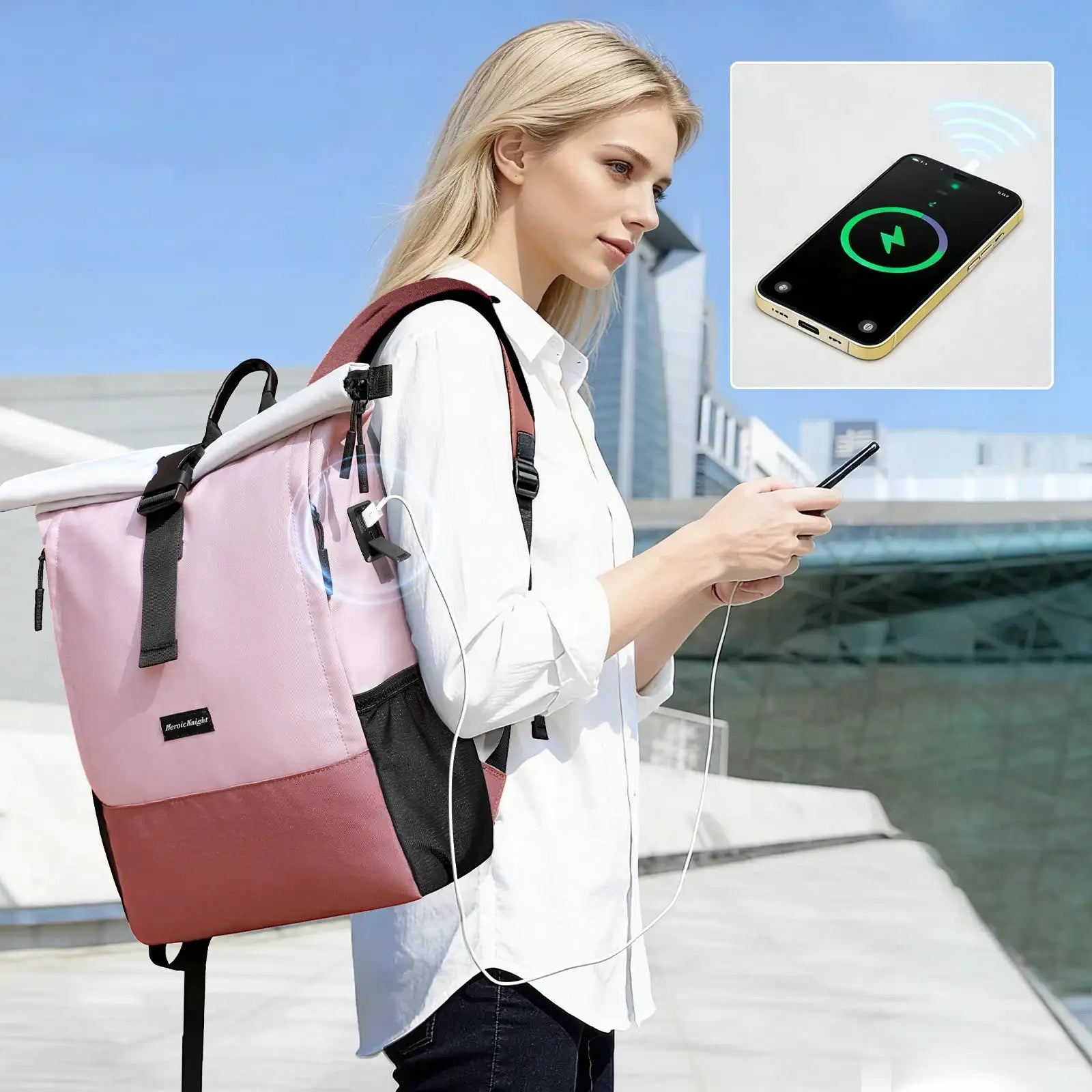 Heroic Knight Rolltop Stylish Laptop Backpack For 15.6 Inch Waterproof Large Travel Backpack Leisure Women University Rucksack