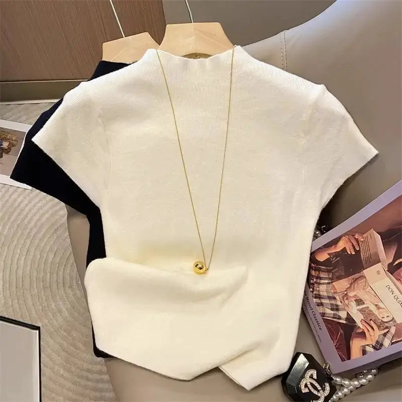 Basic Turtleneck Solid Thin Summer 2026 Pullover Women Female Knitted Sweater Slim Short Sleeve Bodycon Sweater