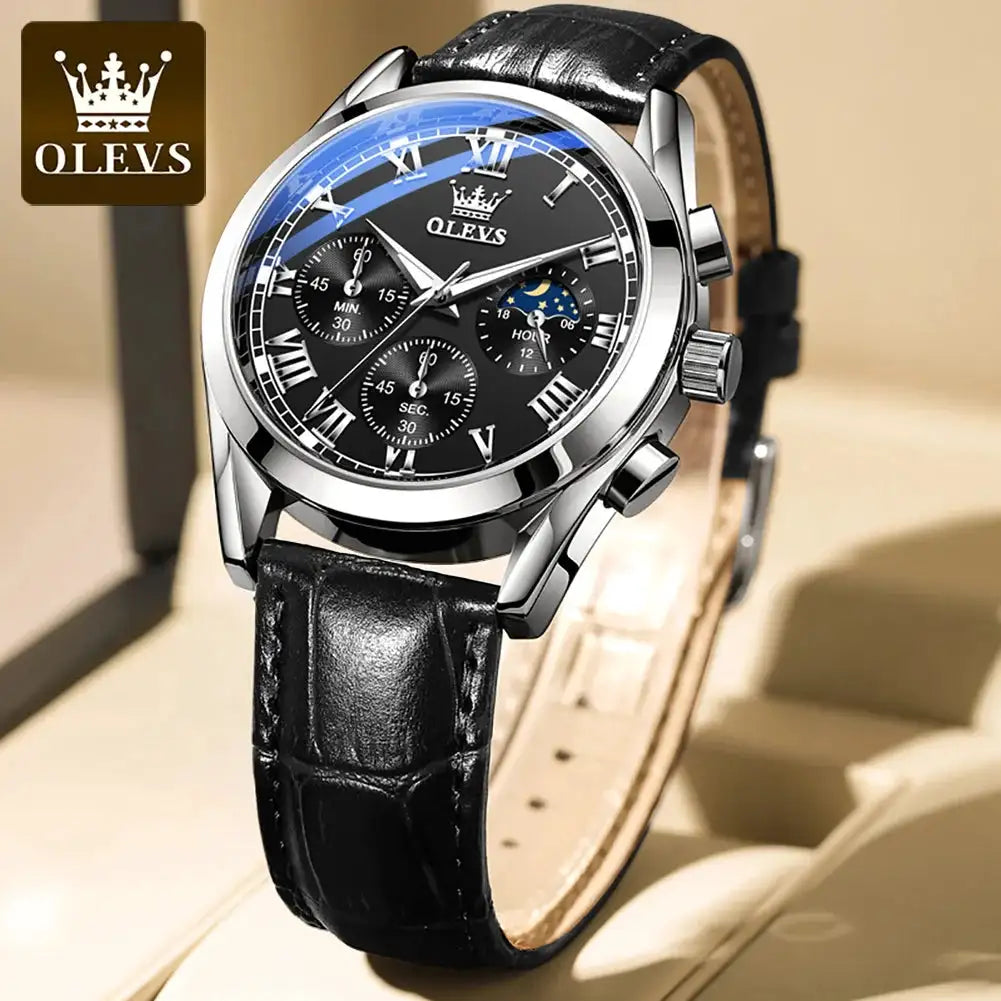OLEVS 2871 Top Brand Men's Quartz Watch Noctilucent Business Waterproof Luxury Watch Leather Strap Moon Phase Relogio Masculino