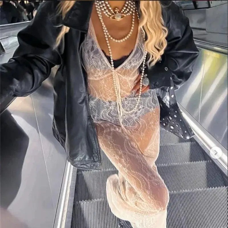 HOUZHOU Y2k Sexy Lace See Through Tank Women Dress Floral Sheer Sleeveless V Neck Long Dress Streetwear Fashion Party Dresses