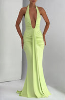 Mozision Deep V Neck Draped Maxi Dresses for Women Halter Backless Club Elegance