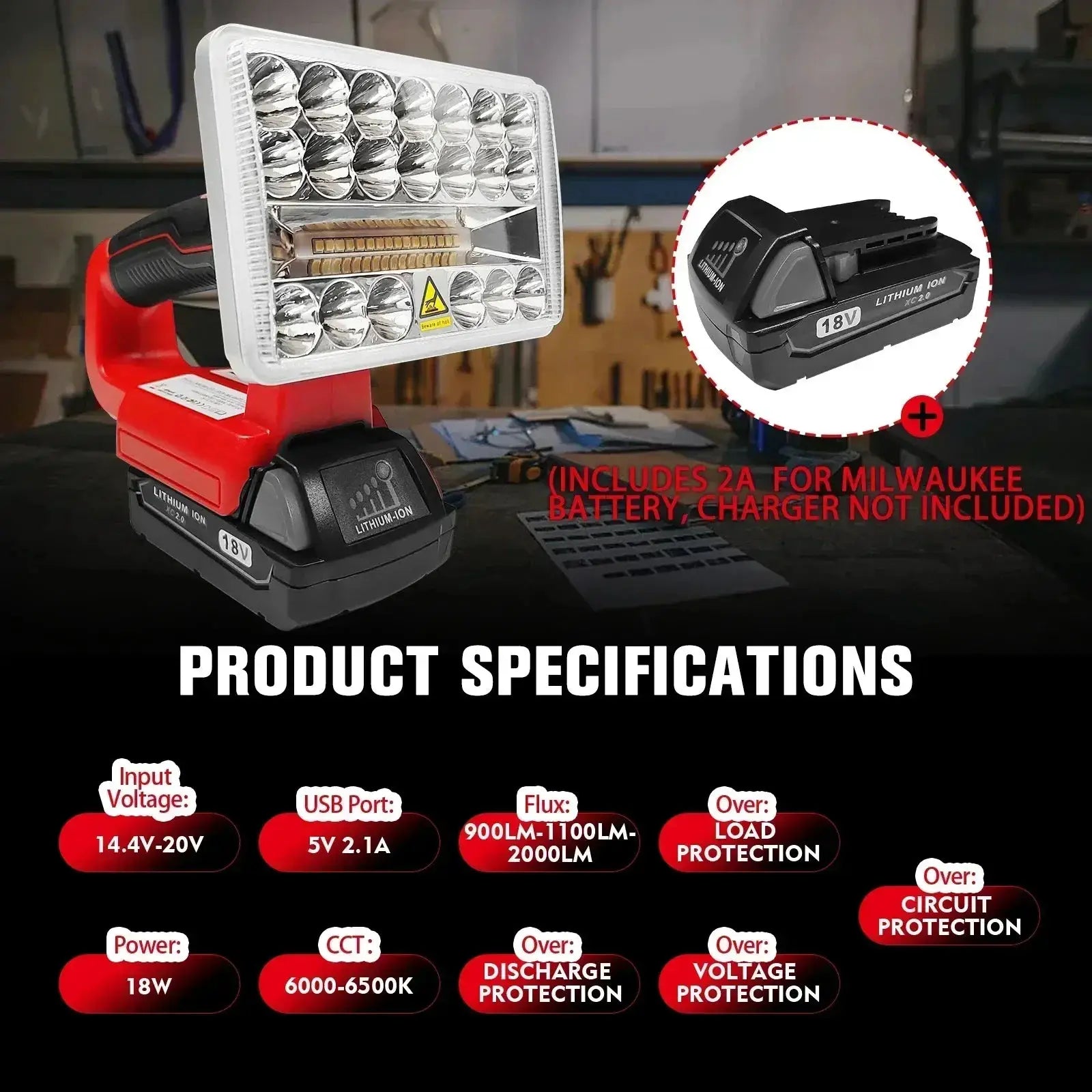 5 Inch 9W LED Work Light Torch For Milwaukee Makita Tools