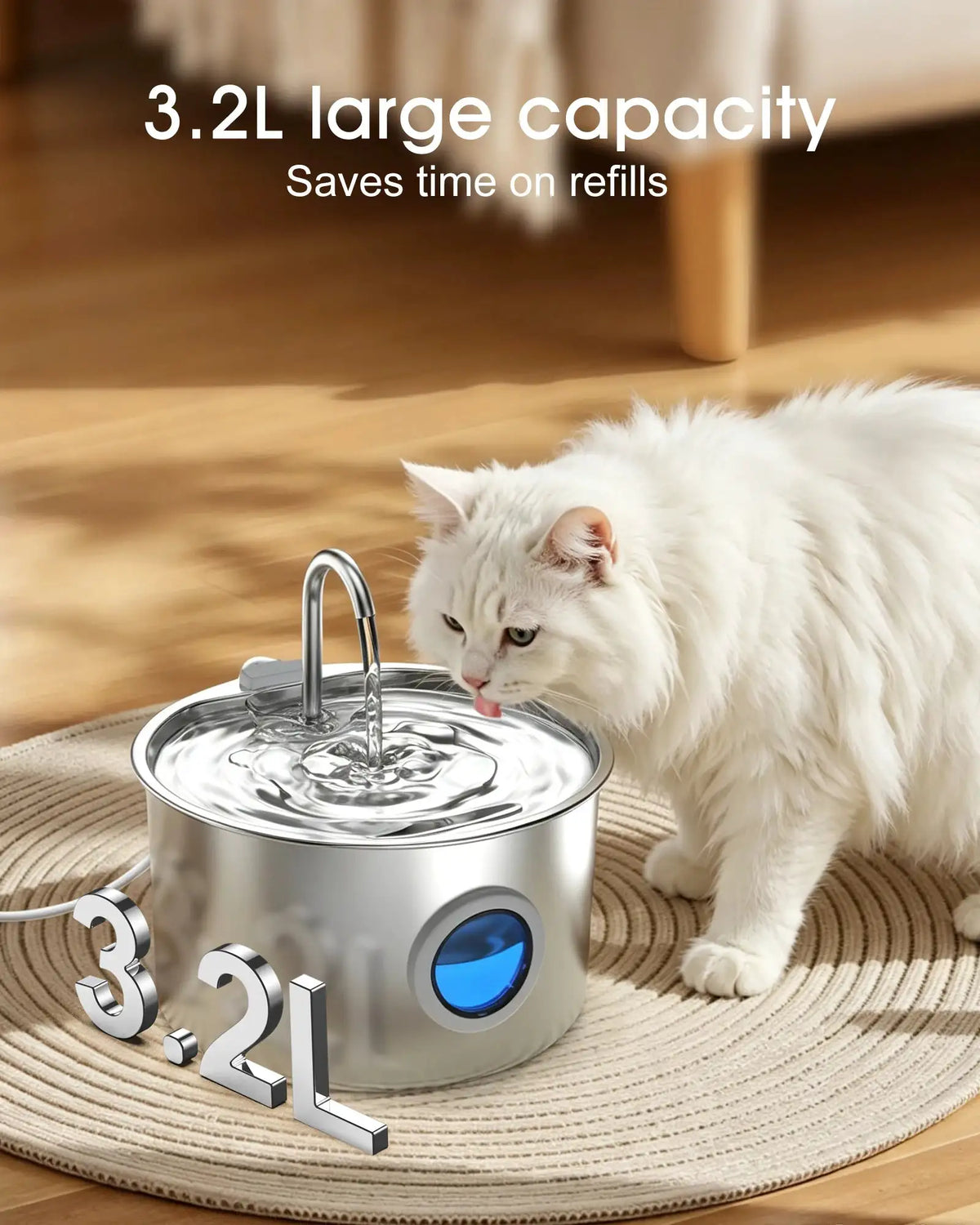 Stainless Steel Cat Water Fountain 108oz/3.2L for Cats, Dogs and Small Pets,with Quiet Operation & LED Light,Easy to Clean & Assemble