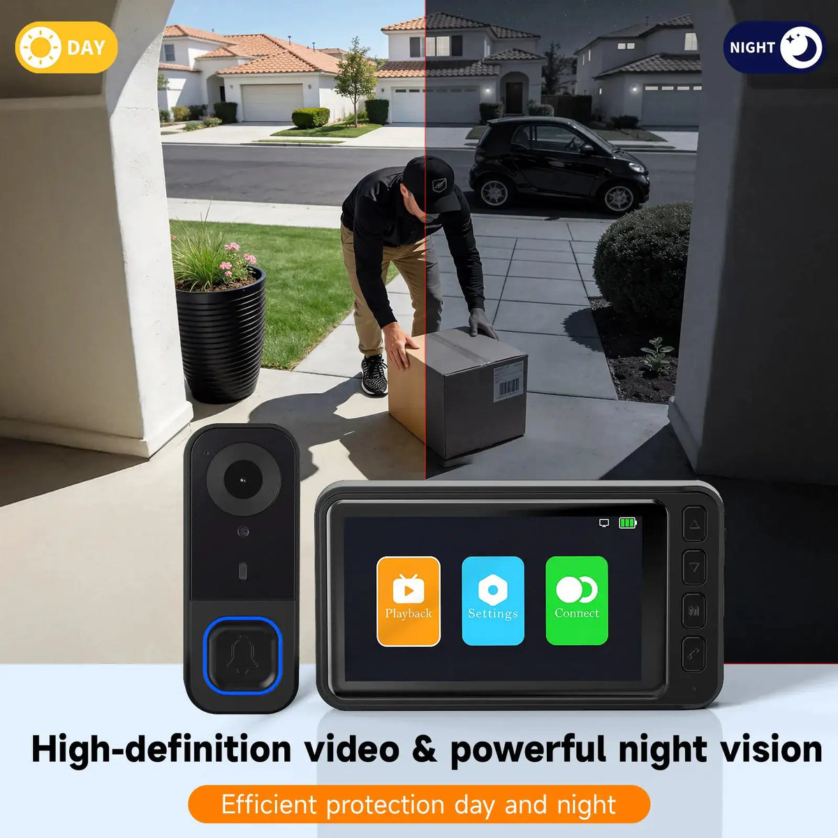 Video Doorbell HD Camera Night Vision No Monthly Fee Local Storage Up to 128GB Micro SD Card Two Way Talk IP66 Waterproof 300K Pixel Full Body View Local Screen Playback Desktop Stand Wall Bracket Day Night Protection for Hom