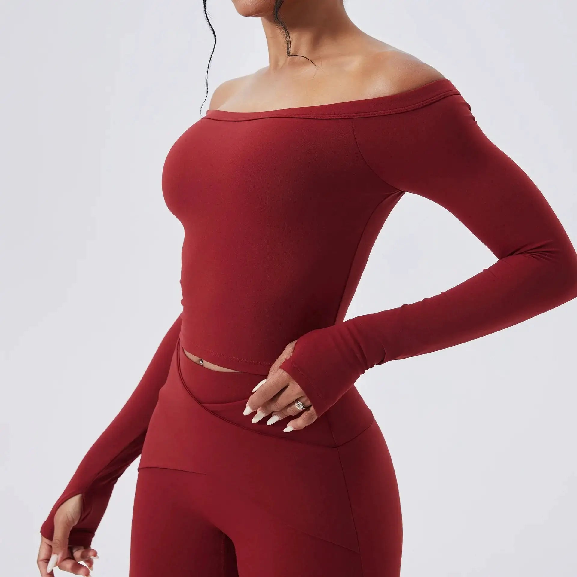 Slash Neck Long Sleeve Yoga Shirts Women Crop Top Breathable Quick Dry Sport T-shirt Female Gym Workout Top Fitness Clothing New