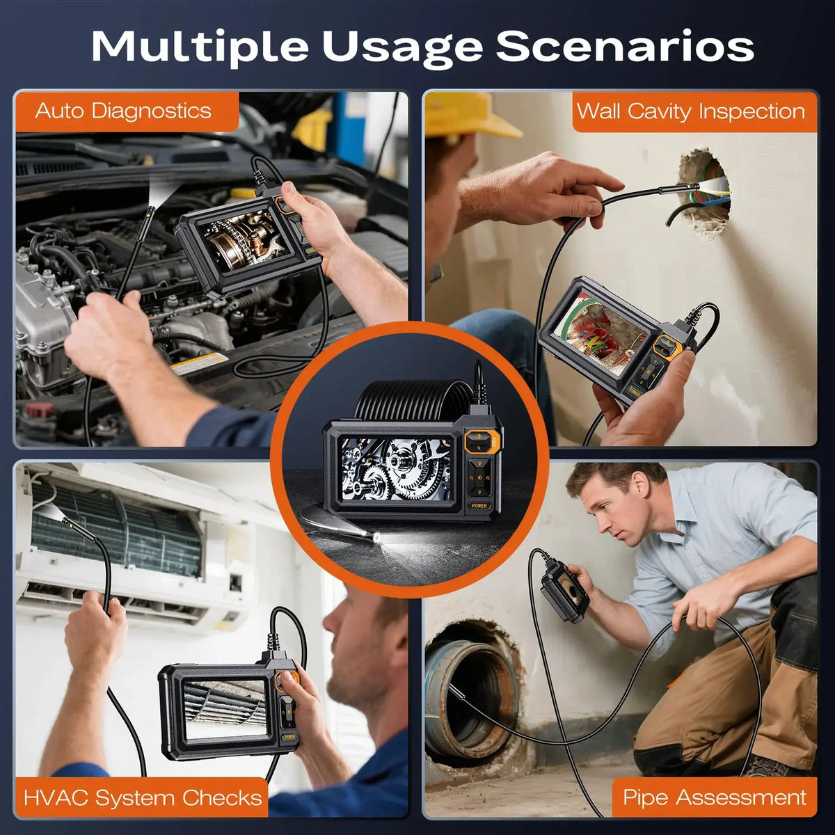 Borescope Dual Lens Endoscope with Light 4.3" IPS 1920P HD Inspection Camera 7.9mm IP67 16.4FT Semi-Rigid Snake Cable for Sewer