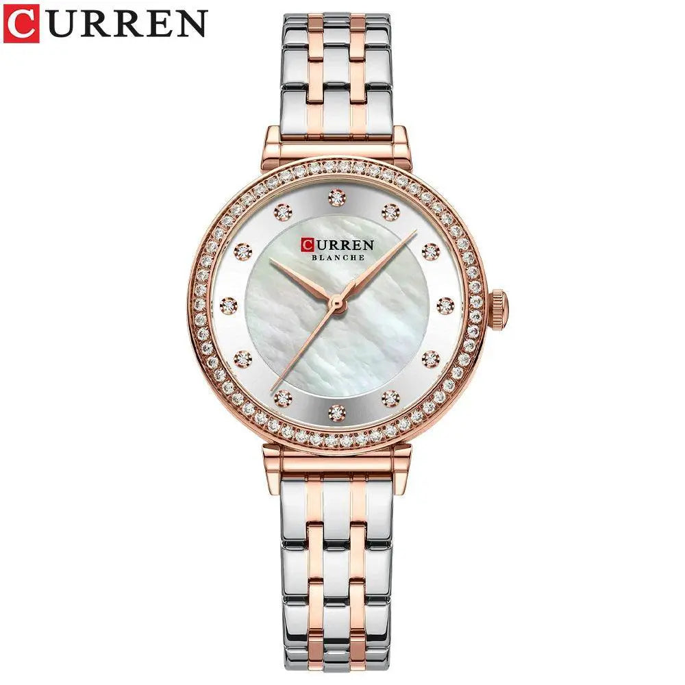 Curren Luxurious Rhinestone Shell Dial Watch for Women