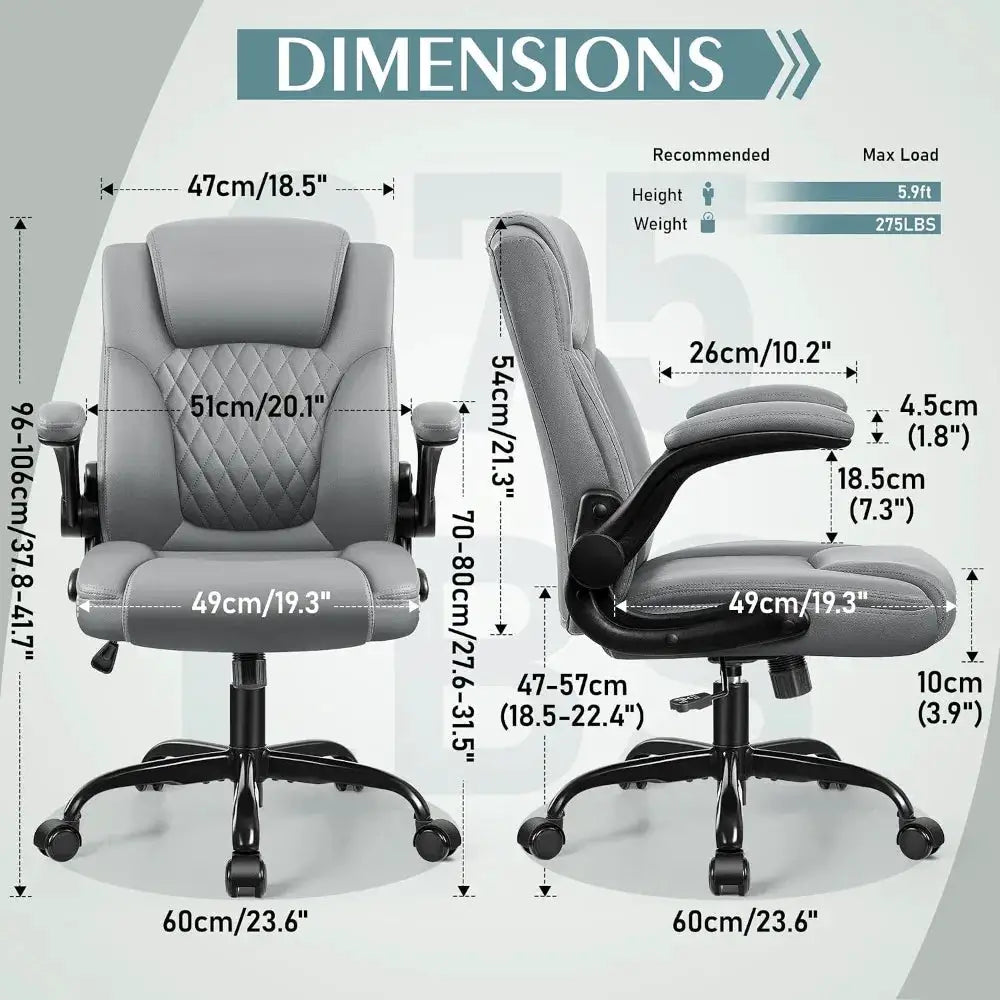 Ergonomic PU Leather Office Chair with Adjustable Armrests, 360 Swivel, Lumbar Support, Wheels, Grey