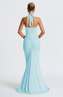 Mozision Deep V Neck Draped Maxi Dresses for Women Halter Backless Club Elegance