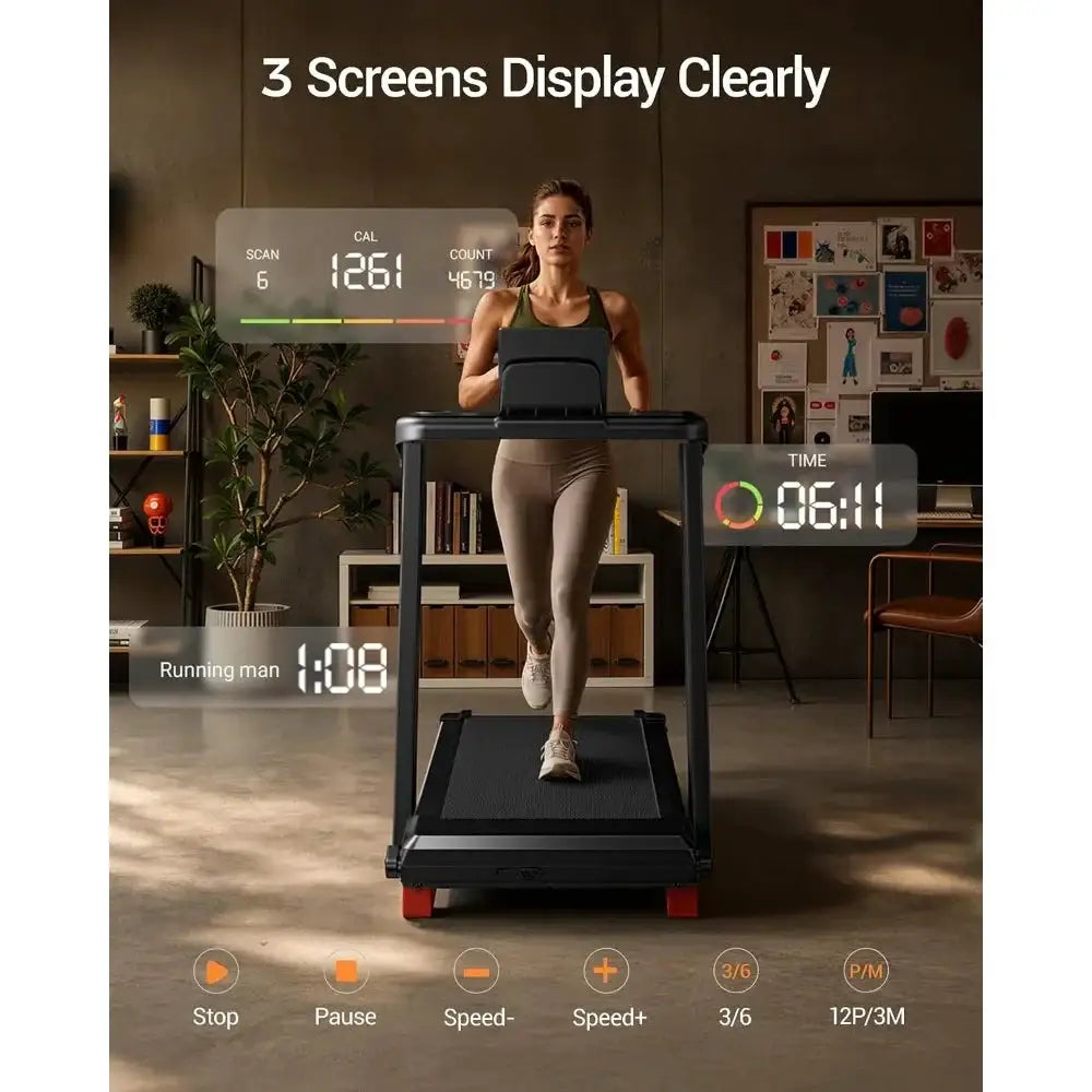 Portable 3-in-1 Foldable Treadmill with Incline Handle, 3.0HP Quiet Pad, 12 Modes, Three Screen