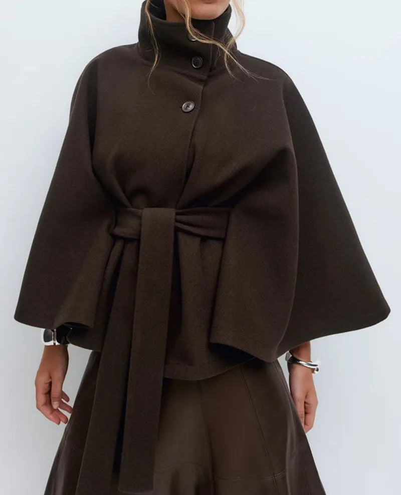 Belted Stand Collar Cape Coat