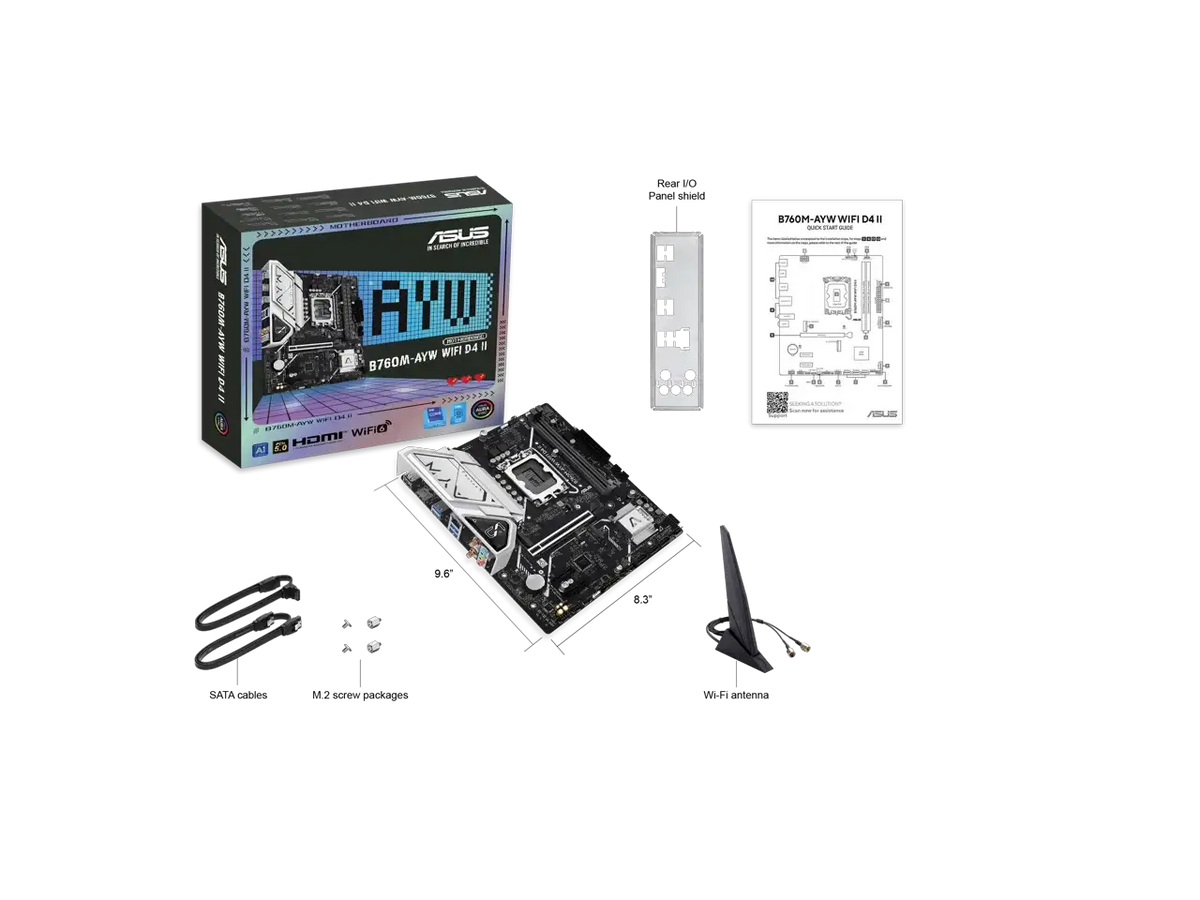 ASUS B760M-AYW WIFI D4 II Intel B760 (LGA 1700) microATX mATX motherboard, PCIe 5.0 x16 Support, two M.2 slots, DDR4, Realtek 2.5Gb Ethernet, Wi-Fi 6, HDMI, SATA 6 Gbps, front USB 5Gbps, Aura Sync