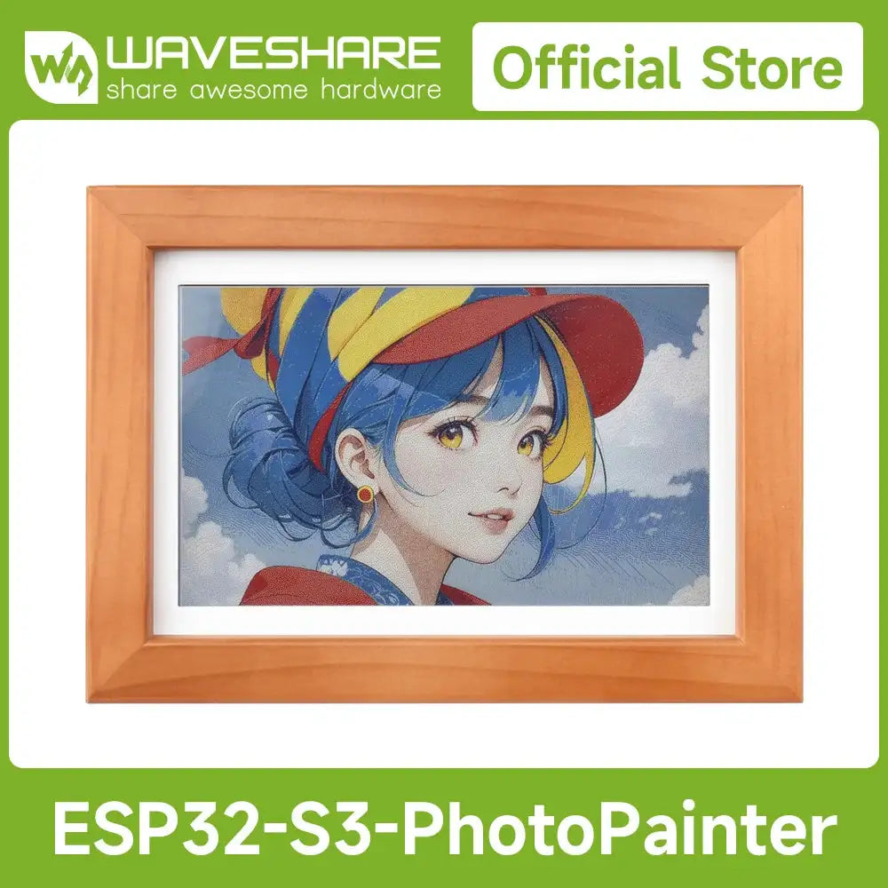Waveshare ESP32-S3 PhotoPainter: 7.3" E6 E-Paper Display in Wood Frame, 800×480, Ultra-Low Power