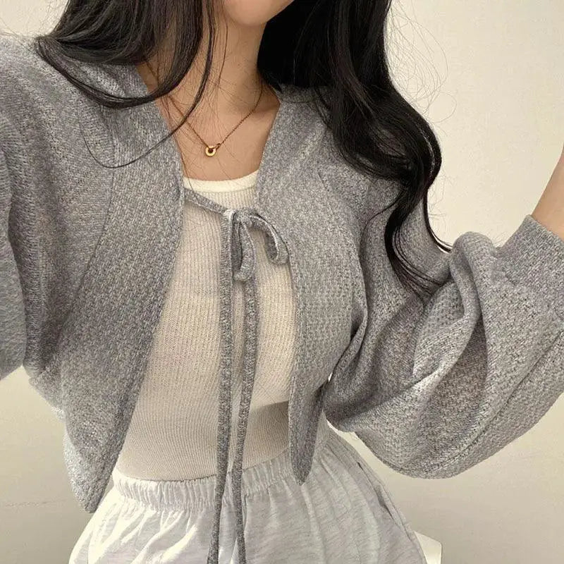 White Lace-Up Lantern Sleeve Cardigan Korean Style Staple