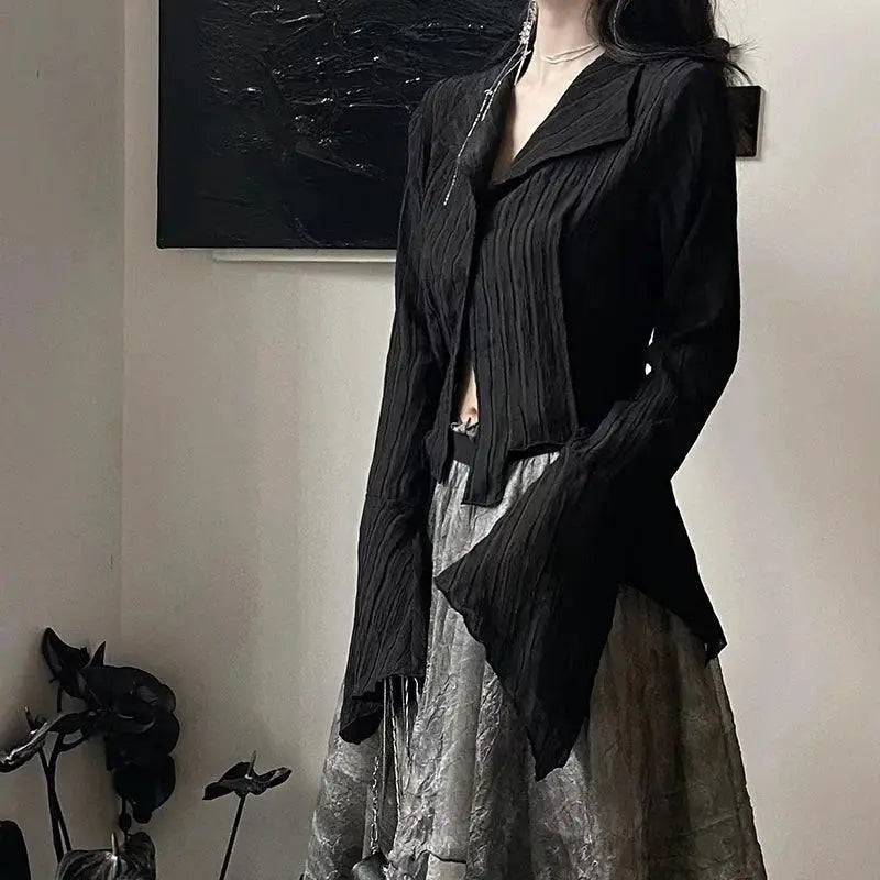 Korean Gothic Black Shirt Dark Academia Style For Women
