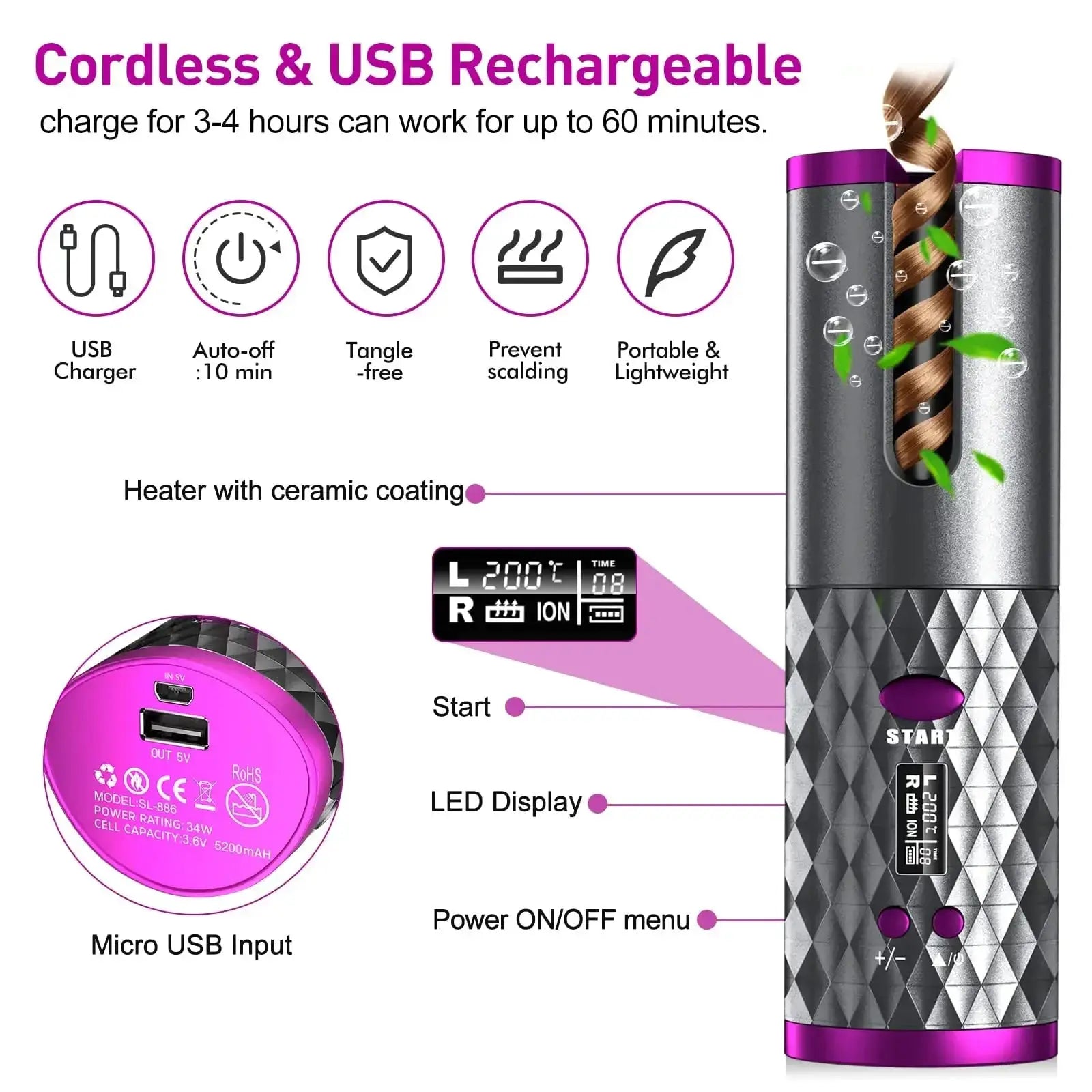 Cordless USB Rechargeable Curling Iron Portable Hair Curler
