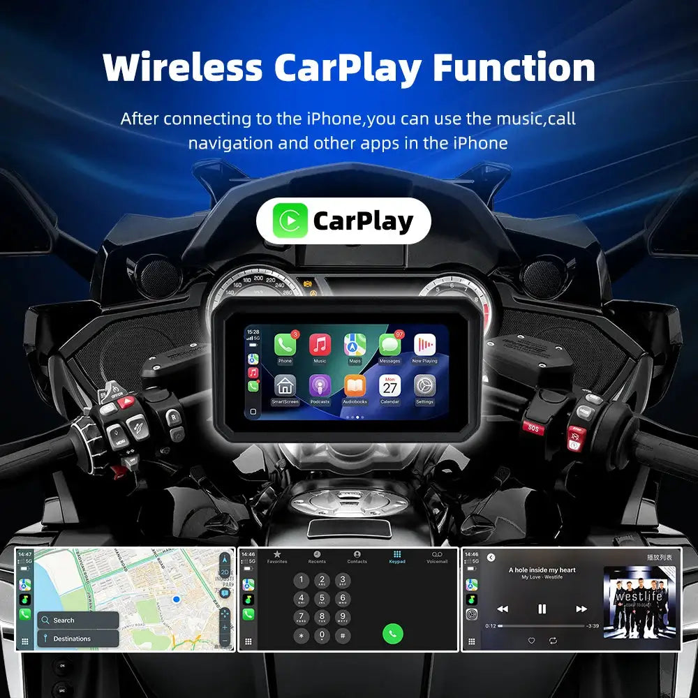 EKIY 6.0" Wireless CarPlay Moto Android Auto GPS Motorcycle Navigation Portable Digital Dashboard Display Screen TPMS Dashcam