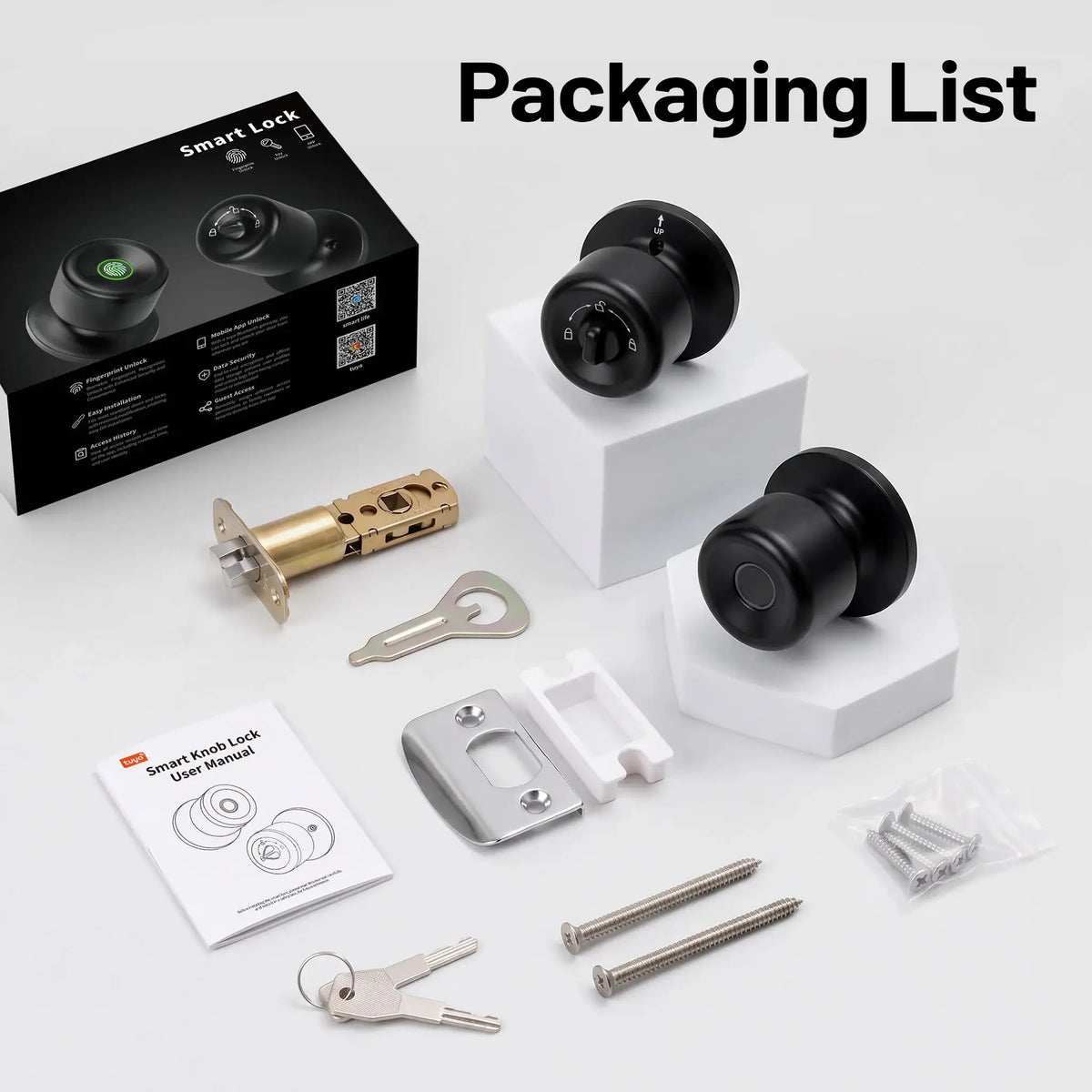 YFK Smart Door Lock Knob Fingerprint Unlock Keyless Entry Tuya App Control Matte Black Front Door Bedroom Home Security