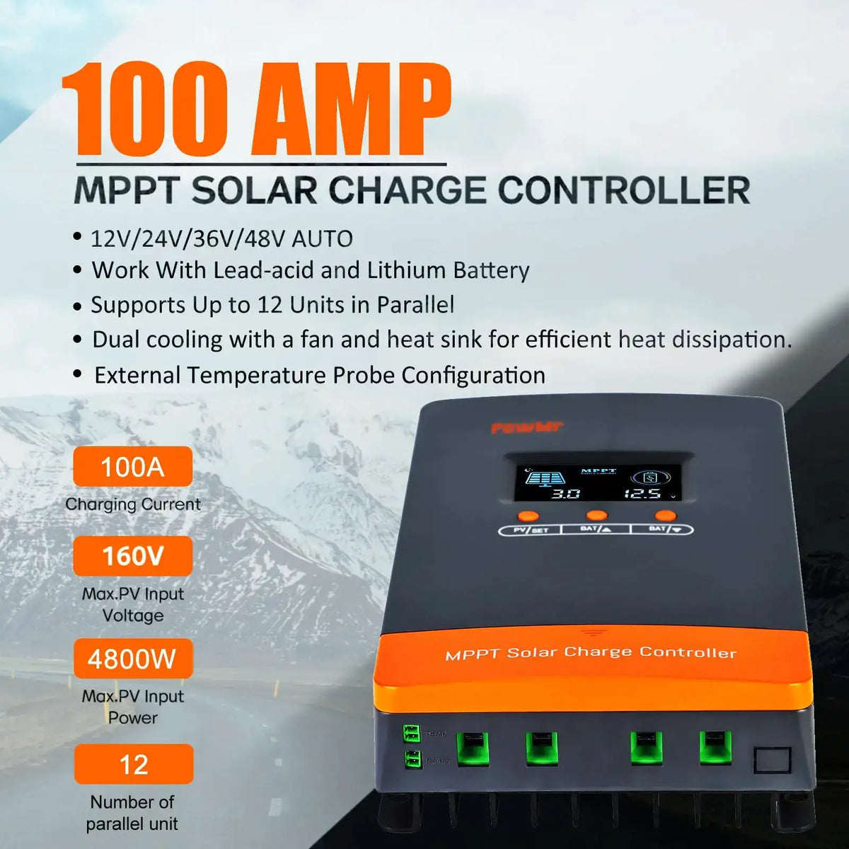PowMr 100A MPPT Solar Charge Controller Compatible With 12/24/36/48V Lead Acid LiFePO4 Lithium Battery Max PV 160V Solar Panel Input Overvoltage Overload Protection Regulator 99.9% Tracking Efficiency Can Parallel 12 Units
