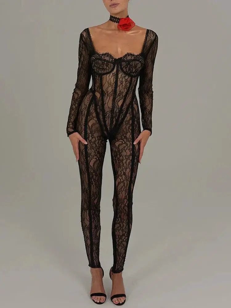 Mozision Lace Backless Jumpsuit Nightclub Elegance Statement
