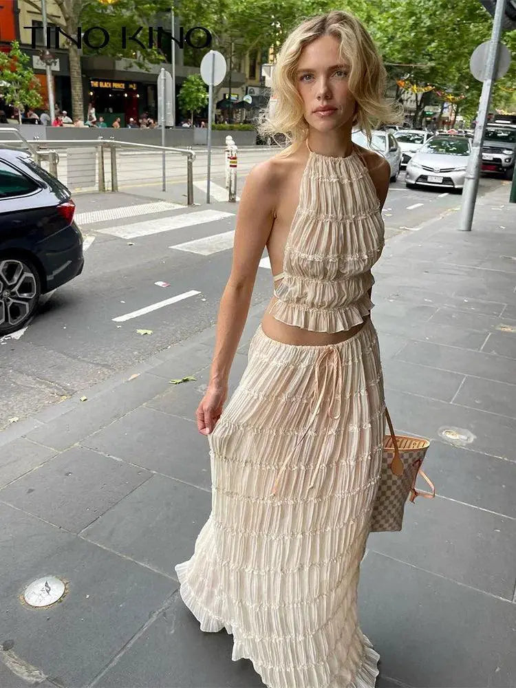 Bold Lace Up Maxi Skirt Suit Backless Sling Top Ensemble