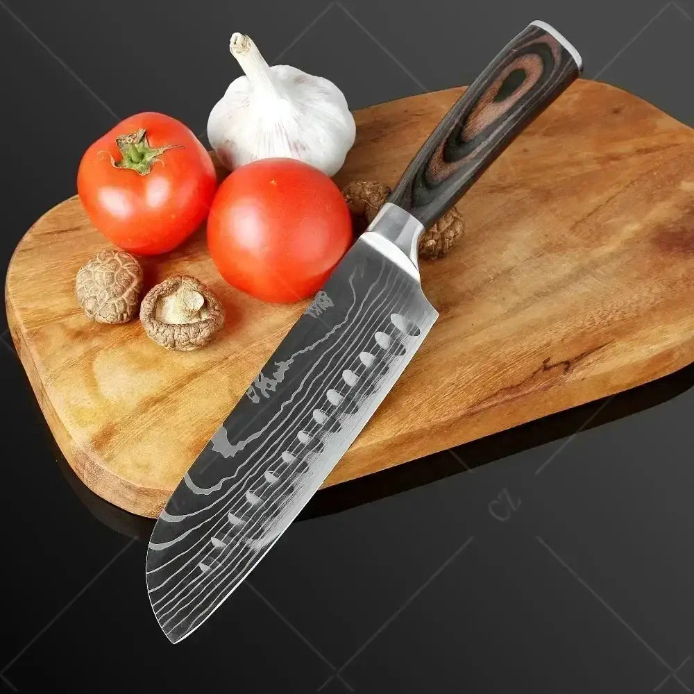 Professional Damascus Kitchen Knife Set With Santoku Cleaver