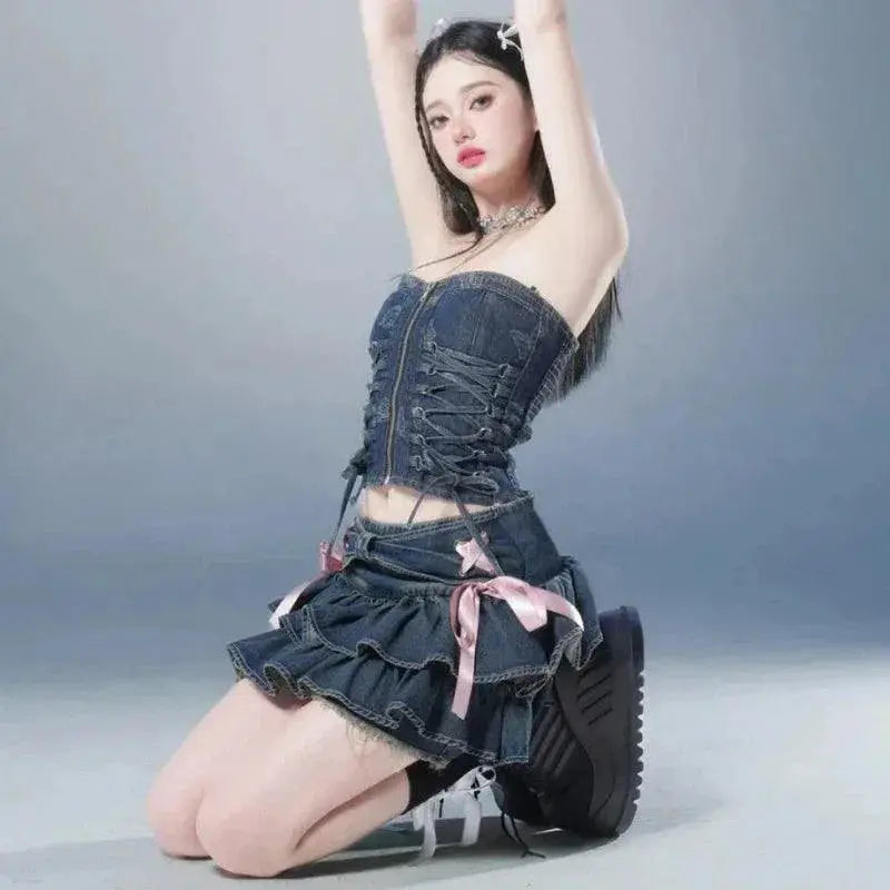 Mini Denim Skirts Sweet Gothic Streetwear for Summer Fashion - OurLum.com
