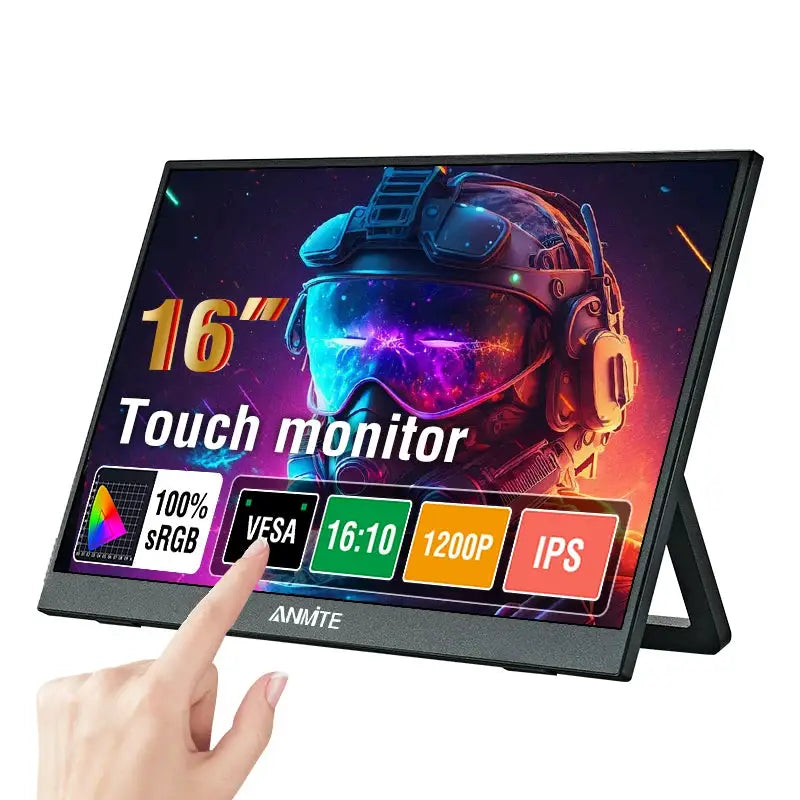 Anmite 16 Inch Portable Touch Monitor Non-touch Optional 1200P 1920*1200 HDR IPS External Screen, Full Function Type-C HDMI Plug&Play Built-in Speaker Low Blue Light Gaming Display For Phone Laptop Switch PS4 PS5 Xbox Steam D