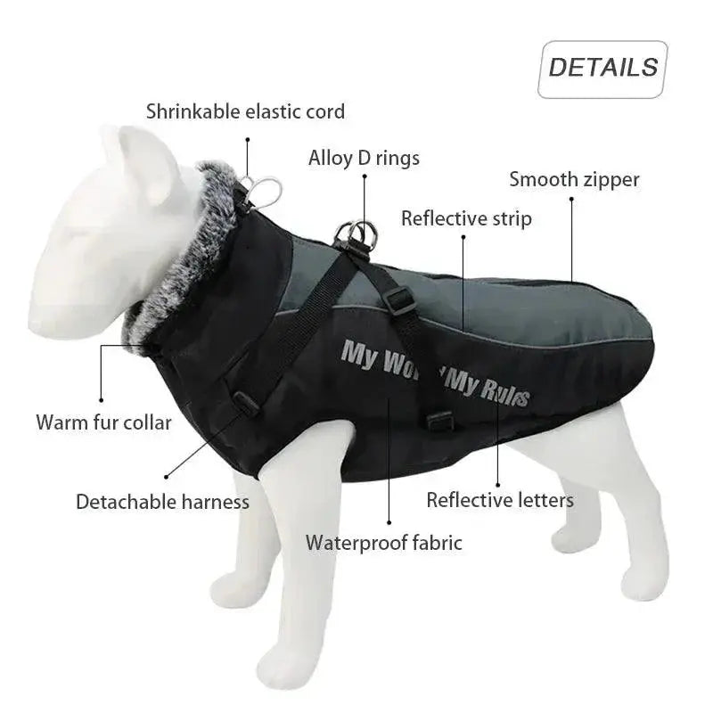 Winter Dog Coat With Harness And Furry Collar For Big Breeds