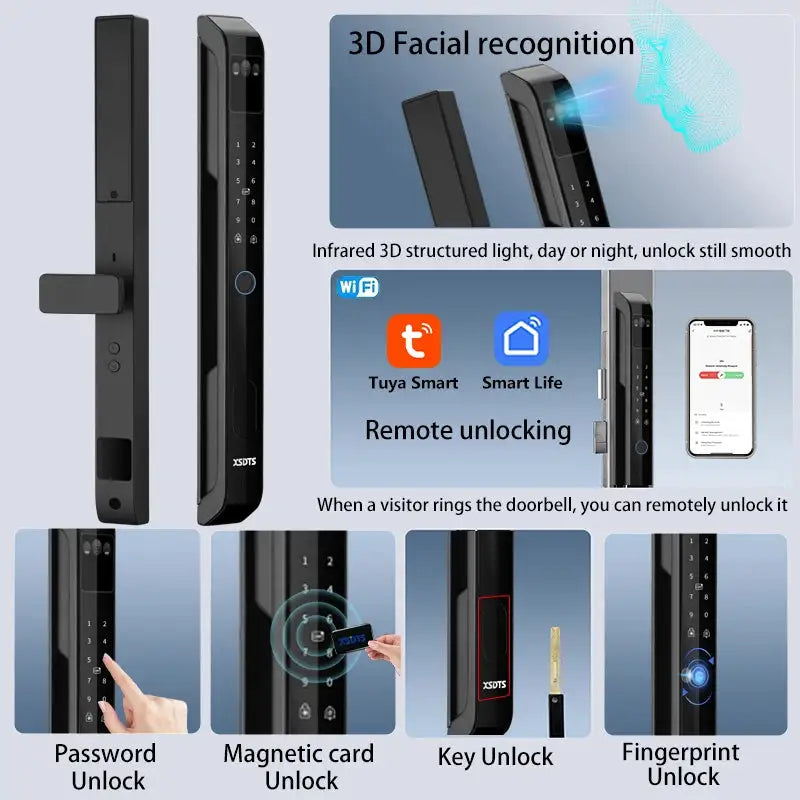 3D Face Tuya WiFi Electronic Smart Door Lock Palm Vein Password Key Fingerprint Aluminum Glass Sliding Door Waterproof Outdoor