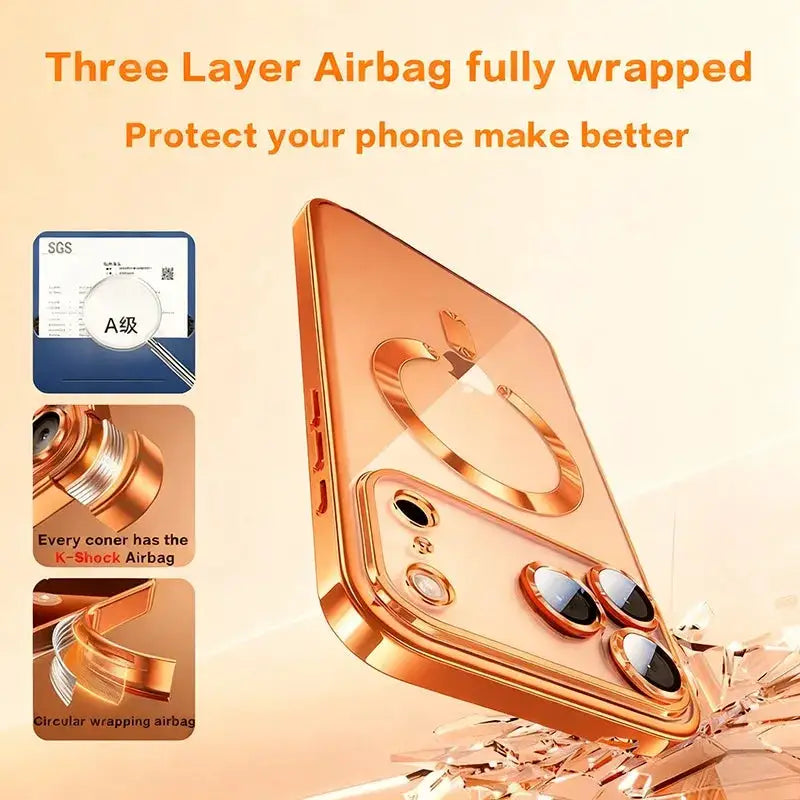 Fashion Orange Magnetic Clear Case For iPhone Air 18 17 16 15 14 13 12 11 Pro Max Plus Wireless Charge Plating Soft Cover